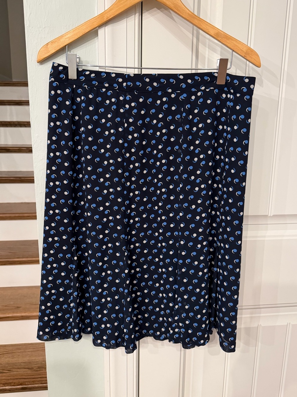 Talbots Navy & White Polka Dot Flared Midi Skirt Size 10 Side Zip